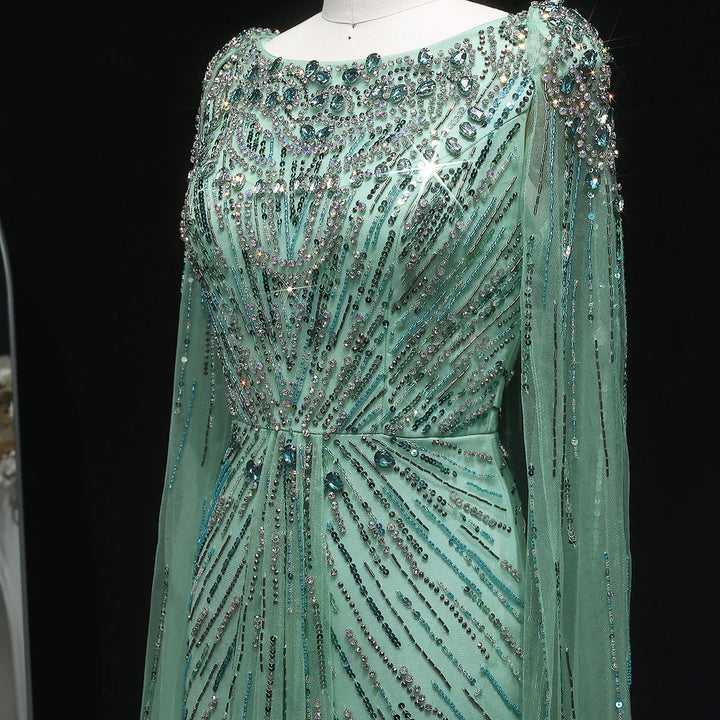 Elegant Lilac Crystal Evening Gown with Flowing Cape Sleeves SS549