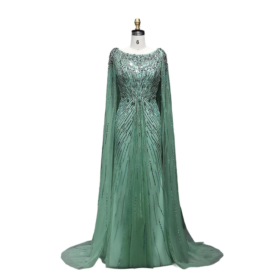 Elegant Lilac Crystal Evening Gown with Flowing Cape Sleeves SS549