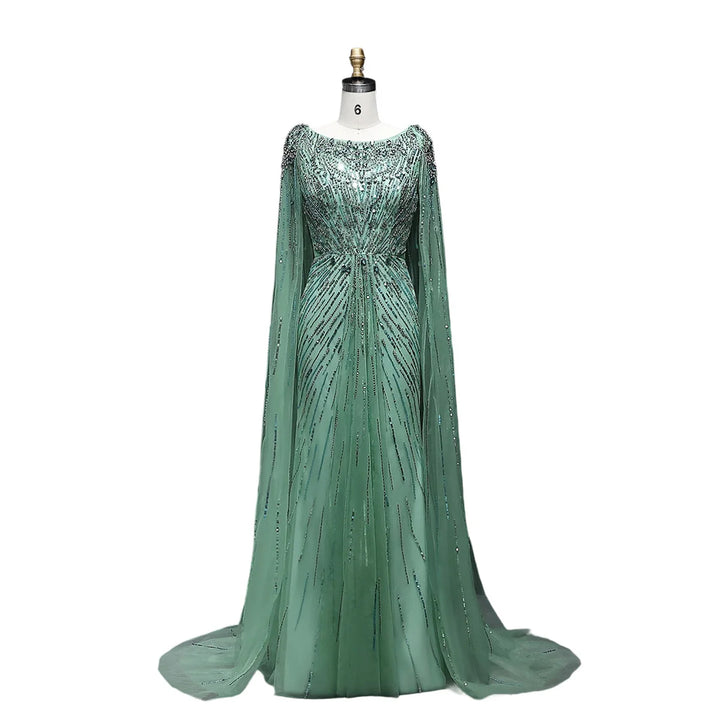 Elegant Lilac Crystal Evening Gown with Flowing Cape Sleeves SS549