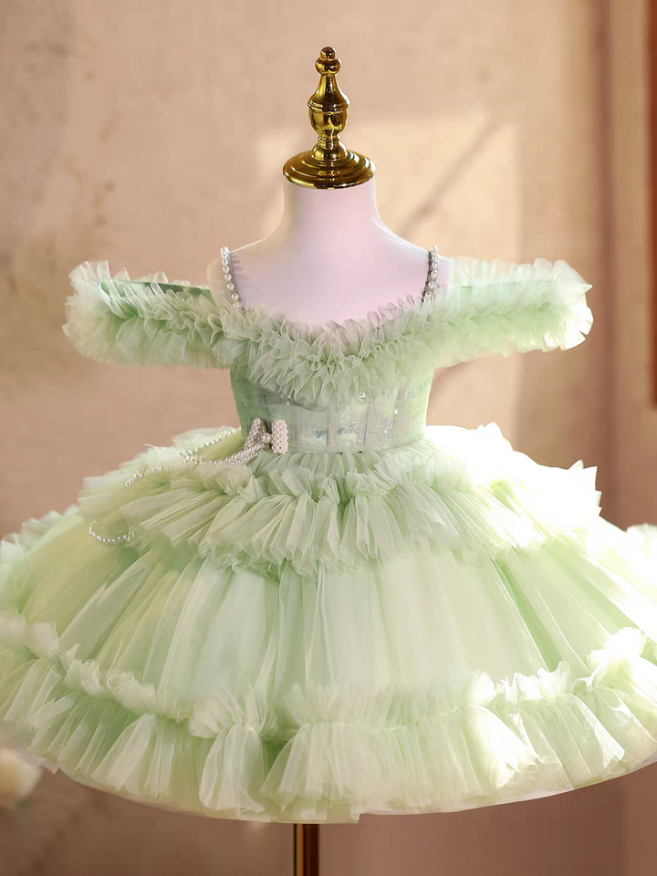 Elegant Off-Shoulder Pearl Pageant Dress for Girls Princess Party Gown D239