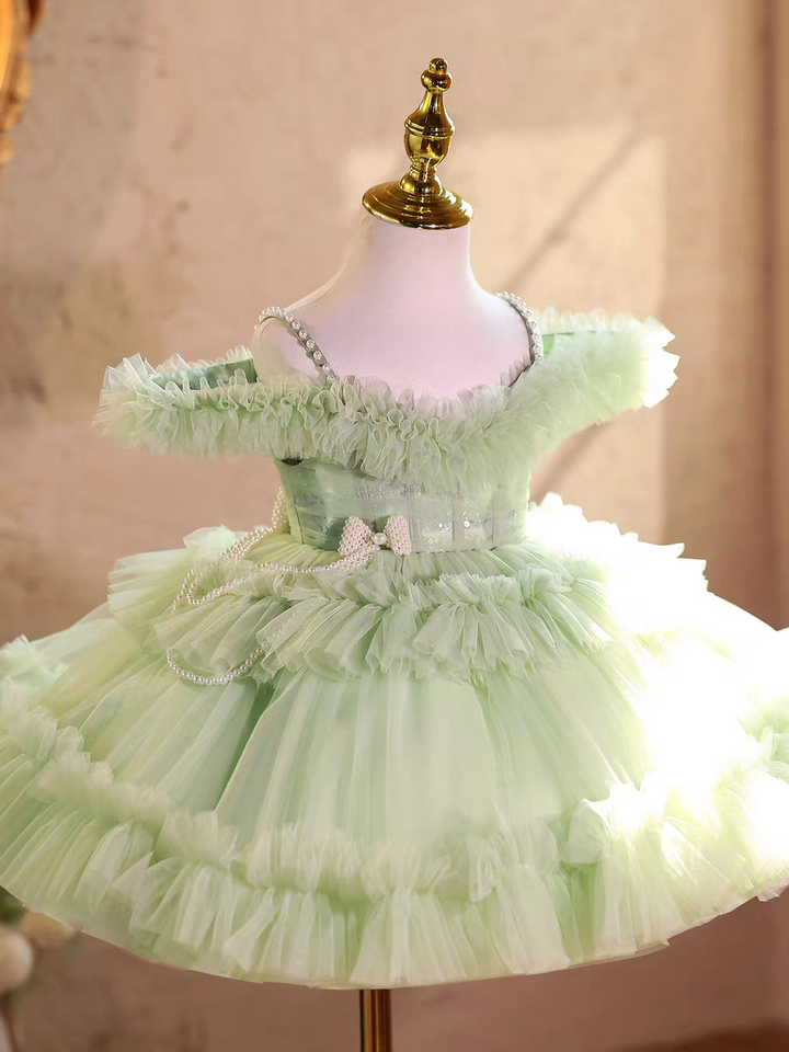 Elegant Off-Shoulder Pearl Pageant Dress for Girls Princess Party Gown D239
