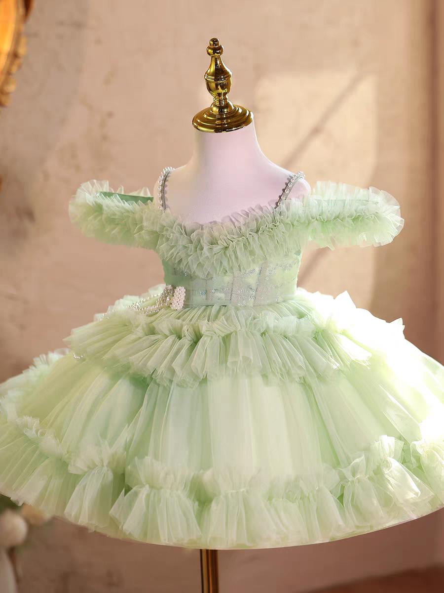 Elegant Off-Shoulder Pearl Pageant Dress for Girls Princess Party Gown D239