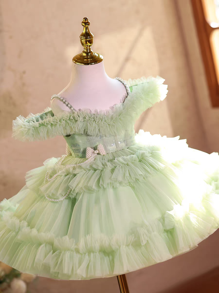 Elegant Off-Shoulder Pearl Pageant Dress for Girls Princess Party Gown D239
