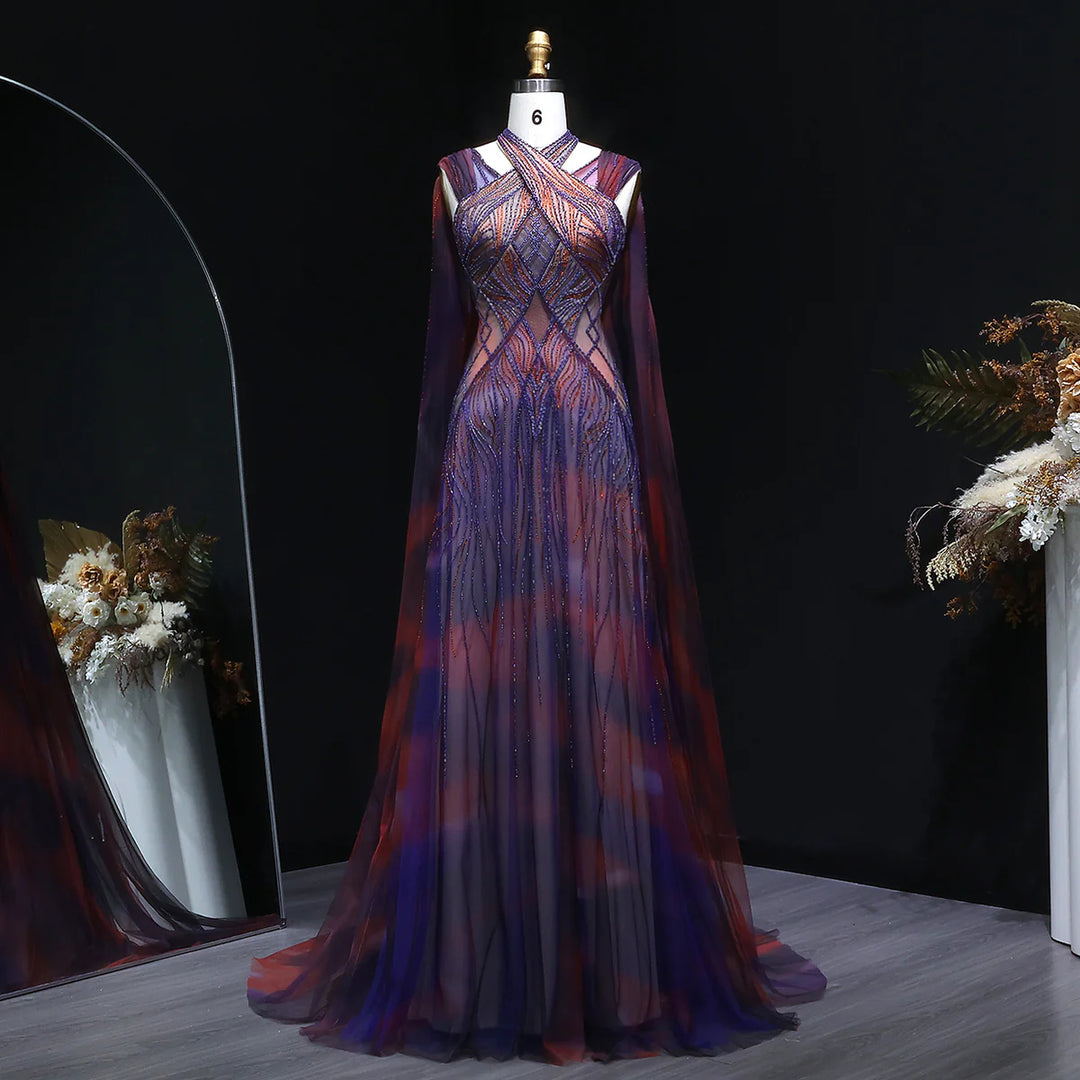 Glamorous Crystal Beaded Prom Dress with Flowing Cape SS297