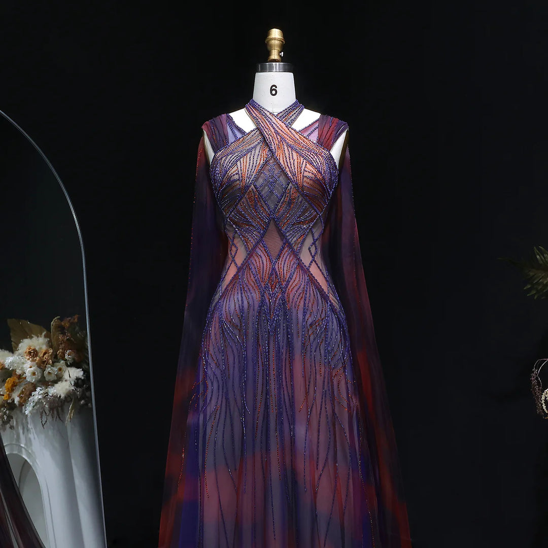 Glamorous Crystal Beaded Prom Dress with Flowing Cape SS297