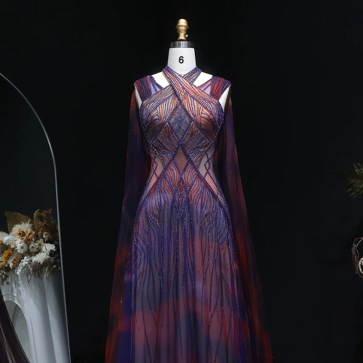 Glamorous Crystal Beaded Prom Dress with Flowing Cape SS297