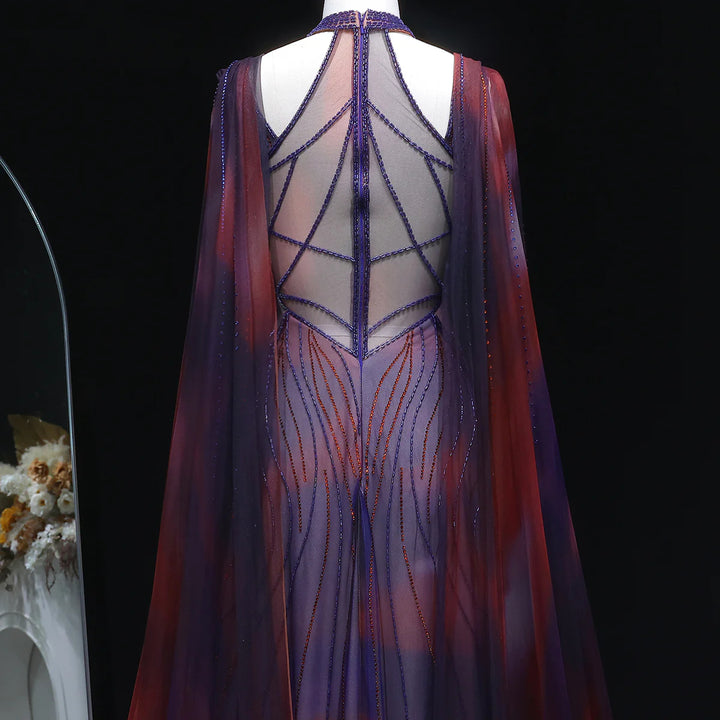 Glamorous Crystal Beaded Prom Dress with Flowing Cape SS297