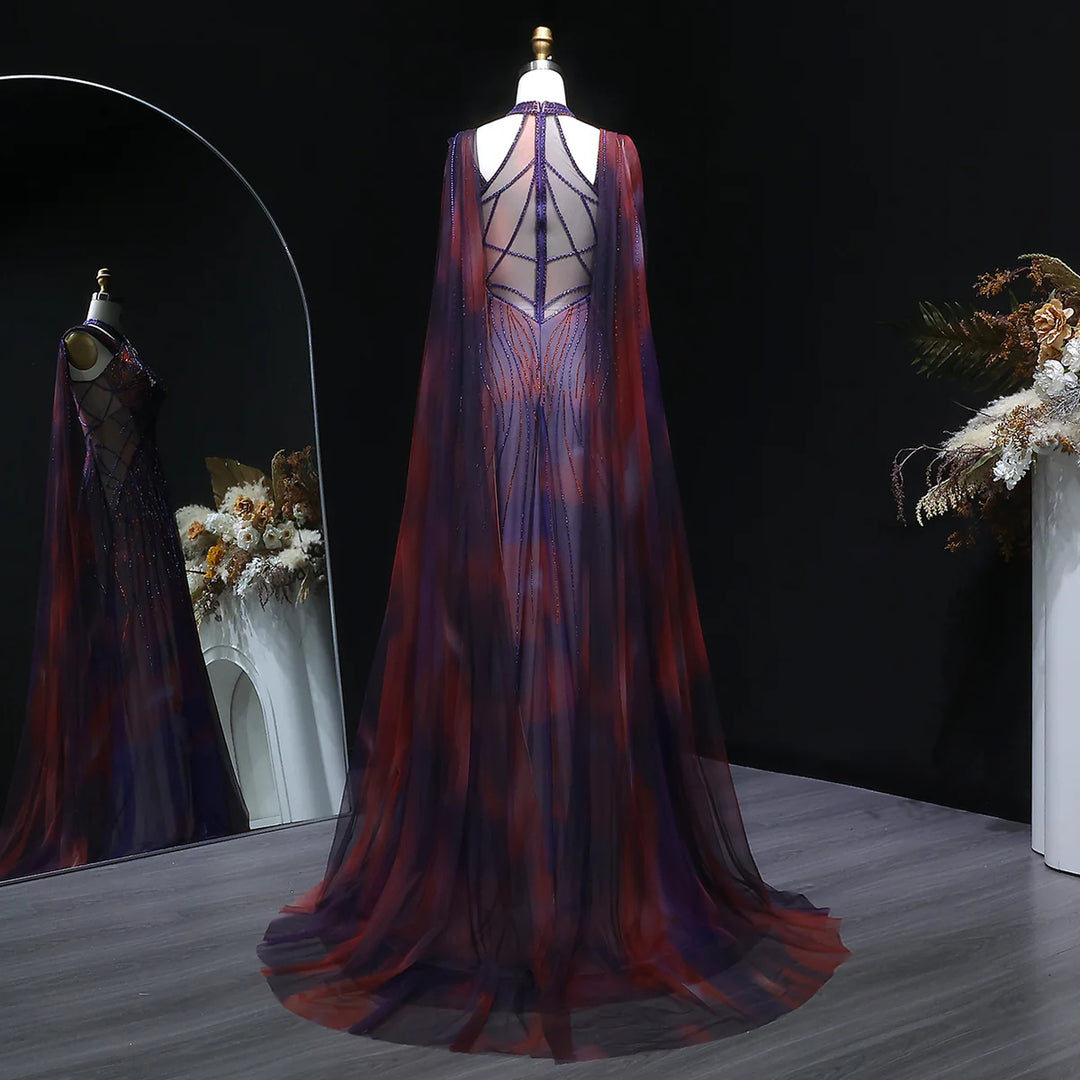 Glamorous Crystal Beaded Prom Dress with Flowing Cape SS297