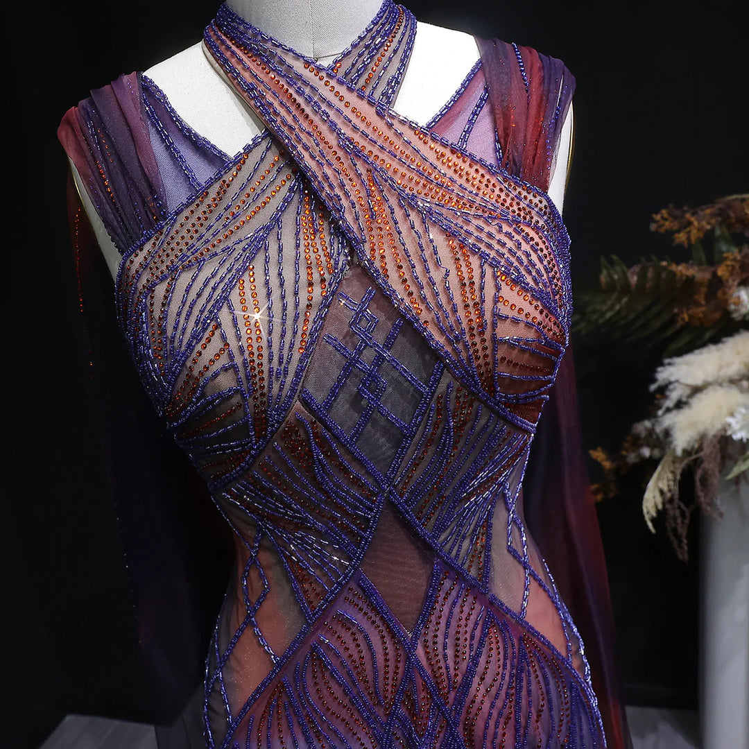 Glamorous Crystal Beaded Prom Dress with Flowing Cape SS297