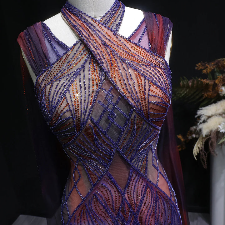 Glamorous Crystal Beaded Prom Dress with Flowing Cape SS297