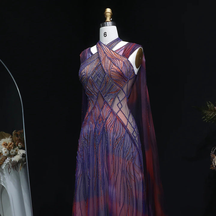 Glamorous Crystal Beaded Prom Dress with Flowing Cape SS297