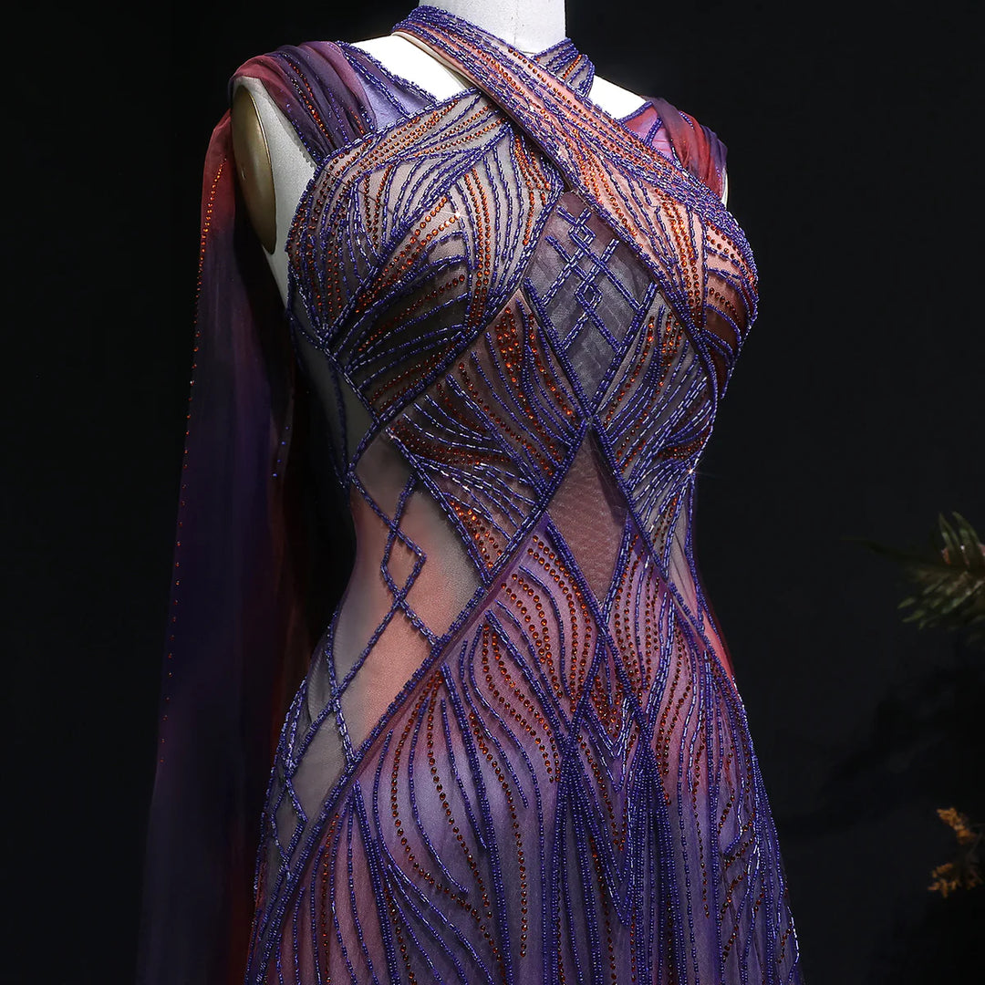 Glamorous Crystal Beaded Prom Dress with Flowing Cape SS297