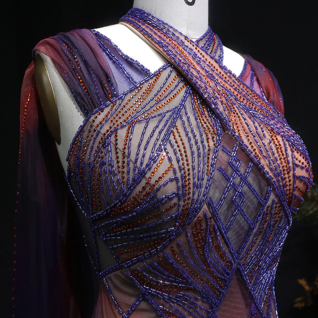 Glamorous Crystal Beaded Prom Dress with Flowing Cape SS297