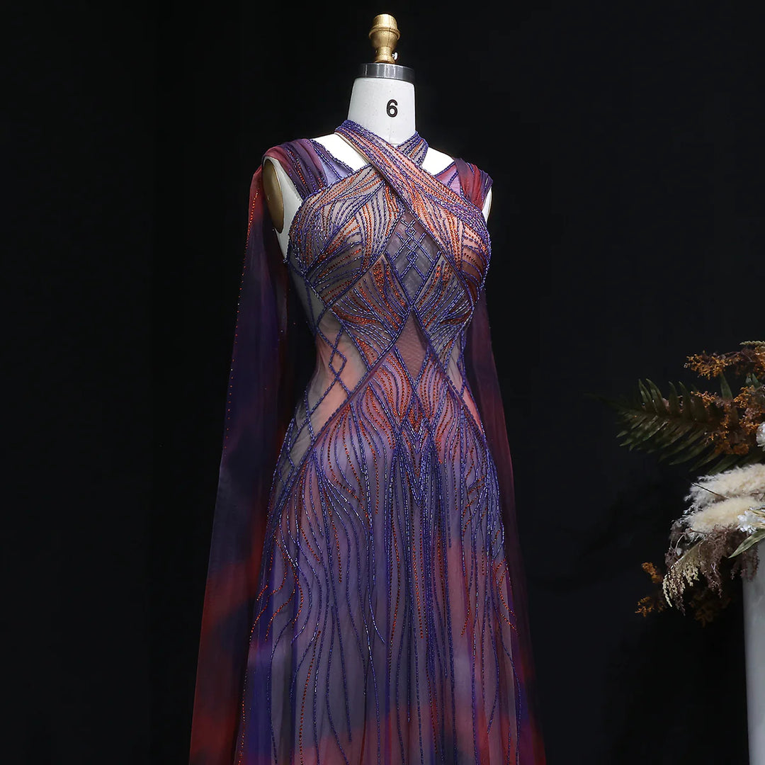 Glamorous Crystal Beaded Prom Dress with Flowing Cape SS297