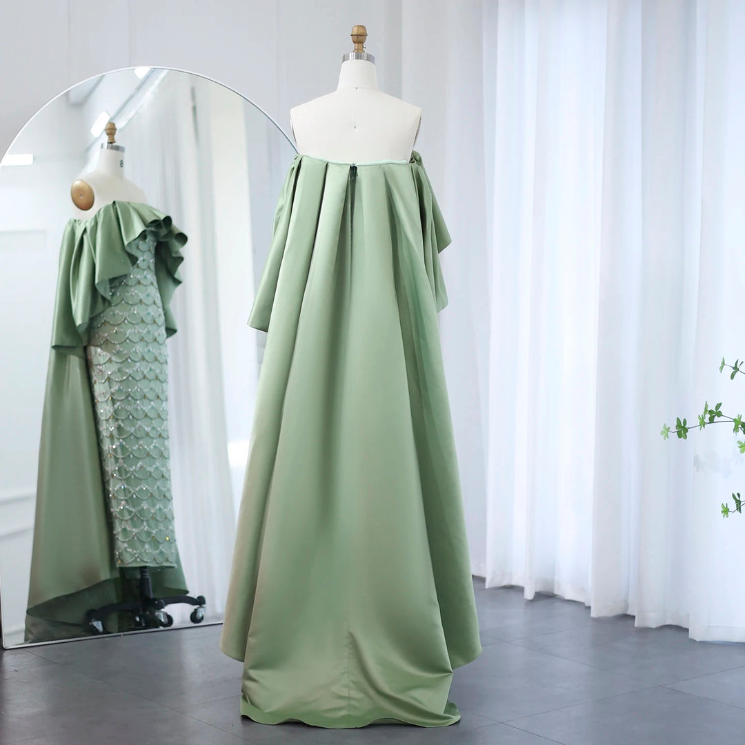 Luxury Sage Green Strapless Evening Dress with Cape SS383