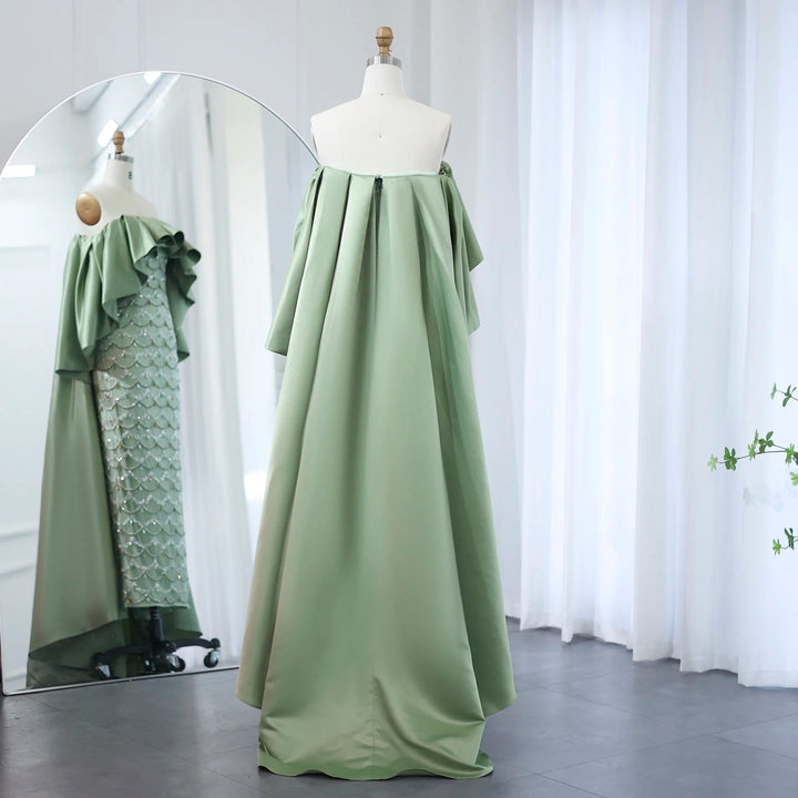 Luxury Sage Green Strapless Evening Dress with Cape SS383