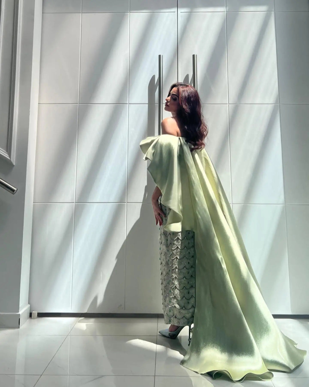 Luxury Sage Green Strapless Evening Dress with Cape SS383