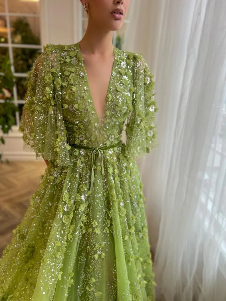 Sexy Plunging V-neck Green 3D Embroidered Flowers Evening Sexy Plunging V-neck Green 3D Embroidered Flowers Evening