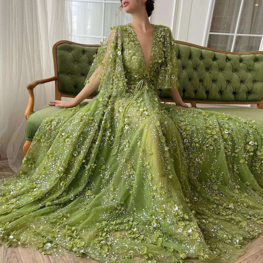 Sexy Plunging V-neck Green 3D Embroidered Flowers Evening Dress