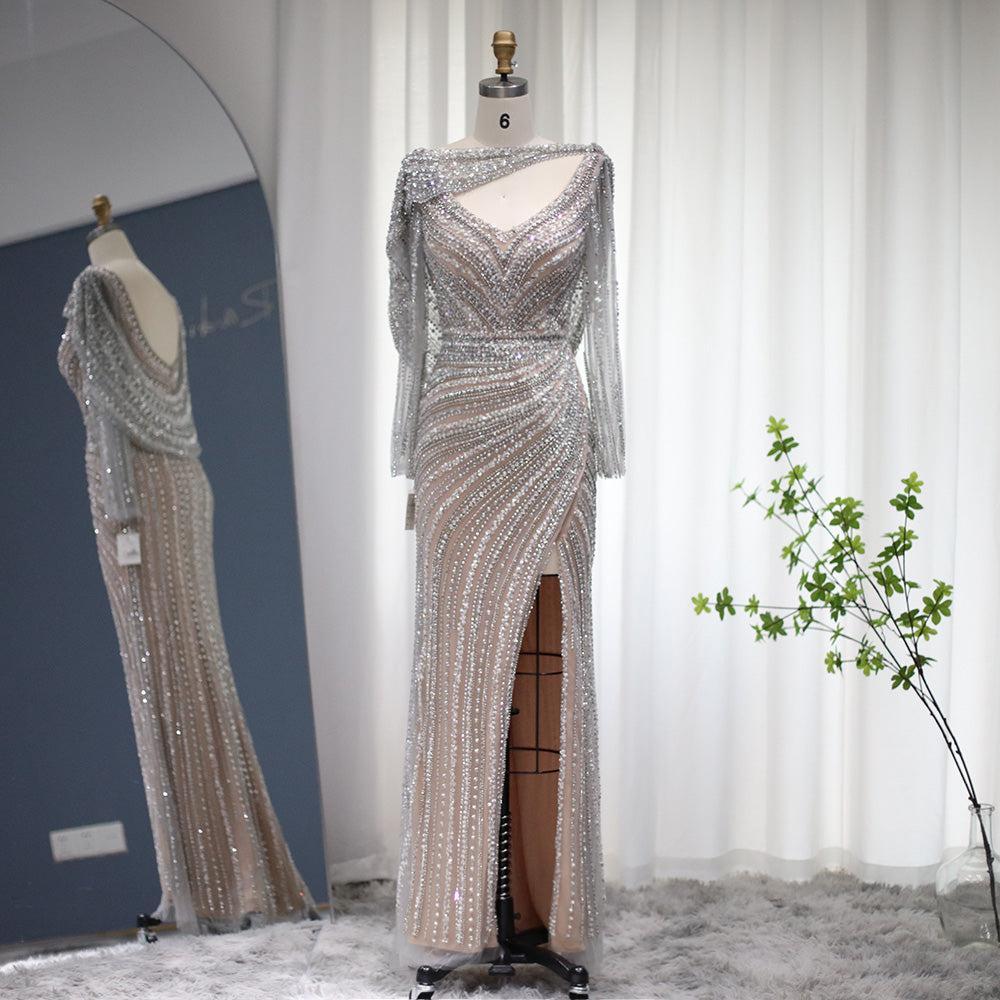 dress luxury silver women Luxury Silver Mermaid Evening Dress with Cape Heavy Beaded Slit Prom Dresses for Women Wedding Party Long Sleeve / 16