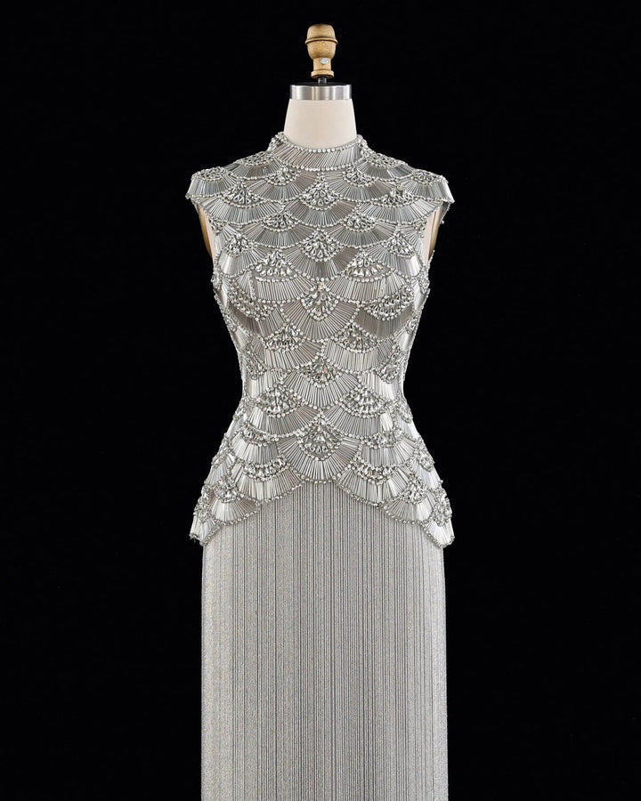 Dreamy Vow High Neck Beaded Fringe Column Evening Gown SS330