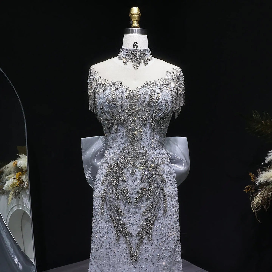 Luxury Silver Gray Crystal Embellished Evening Dress with Train SS722
