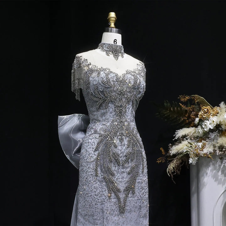 Luxury Silver Gray Crystal Embellished Evening Dress with Train SS722