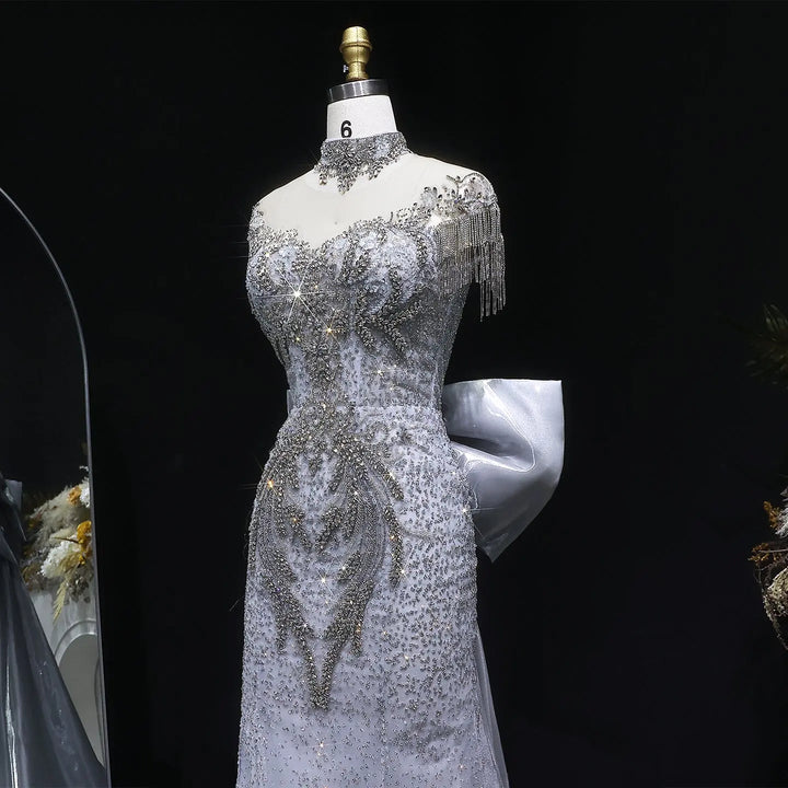 Luxury Silver Gray Crystal Embellished Evening Dress with Train SS722