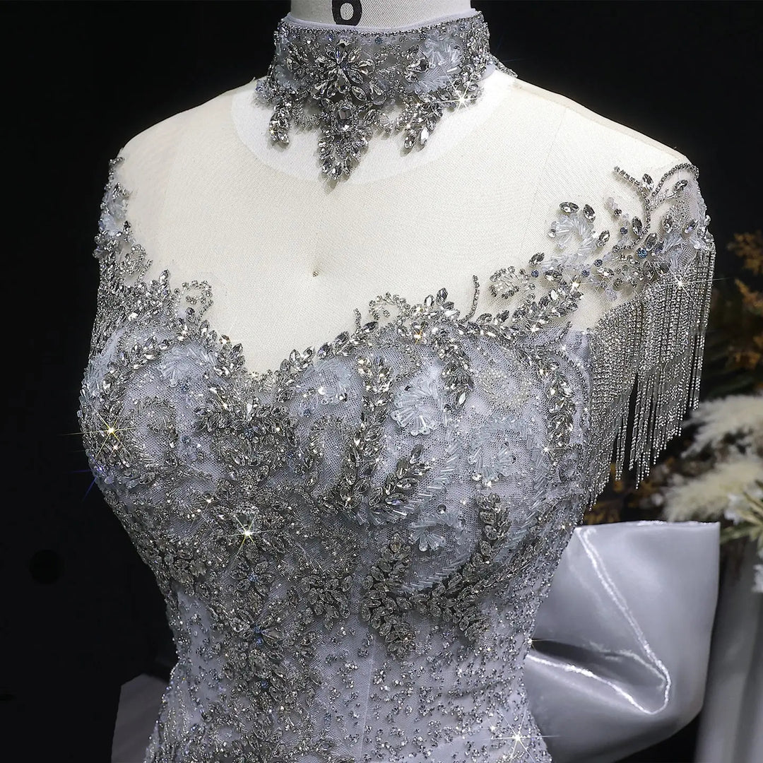 Luxury Silver Gray Crystal Embellished Evening Dress with Train SS722