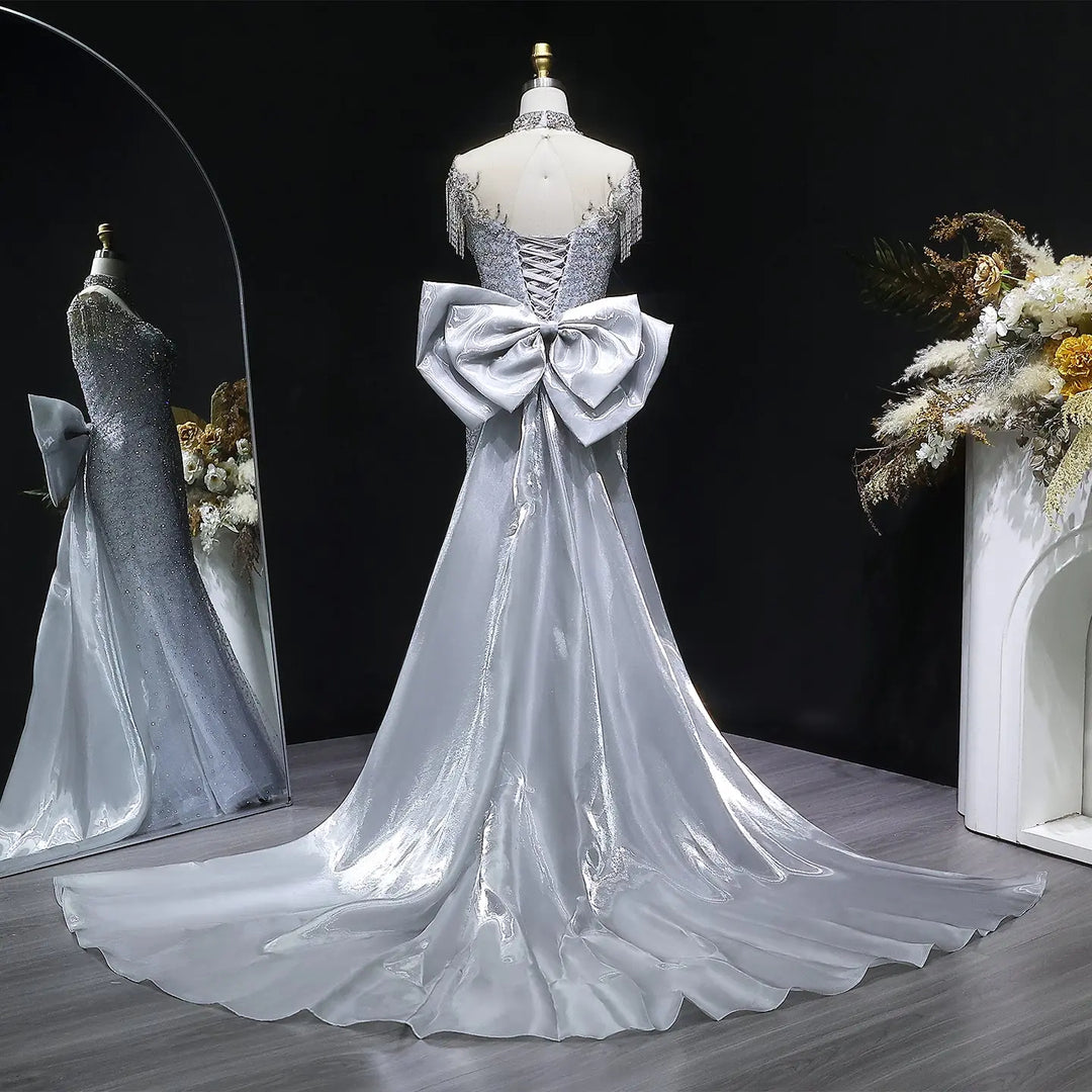 Luxury Silver Gray Crystal Embellished Evening Dress with Train SS722