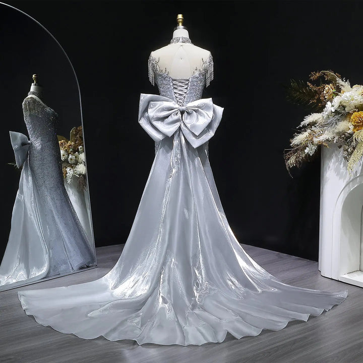 Luxury Silver Gray Crystal Embellished Evening Dress with Train SS722