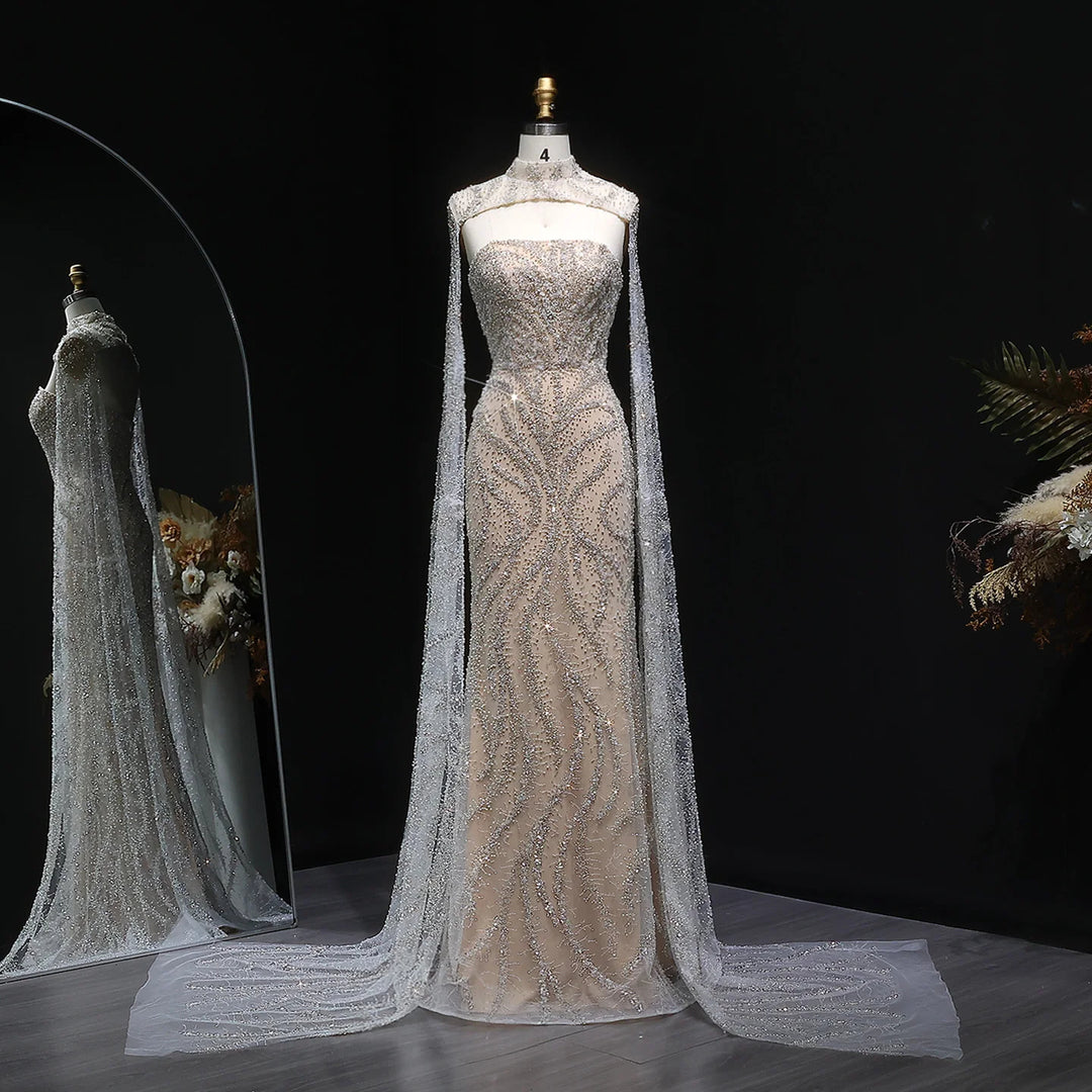 Glamorous Beaded Evening Dress with Flowing Cape Sleeves SS663