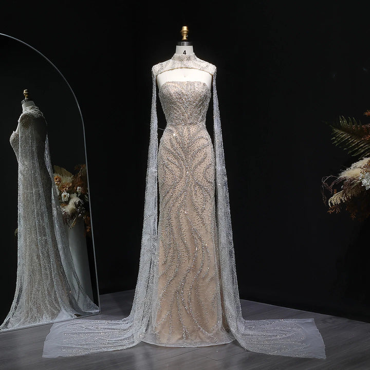 Glamorous Beaded Evening Dress with Flowing Cape Sleeves SS663