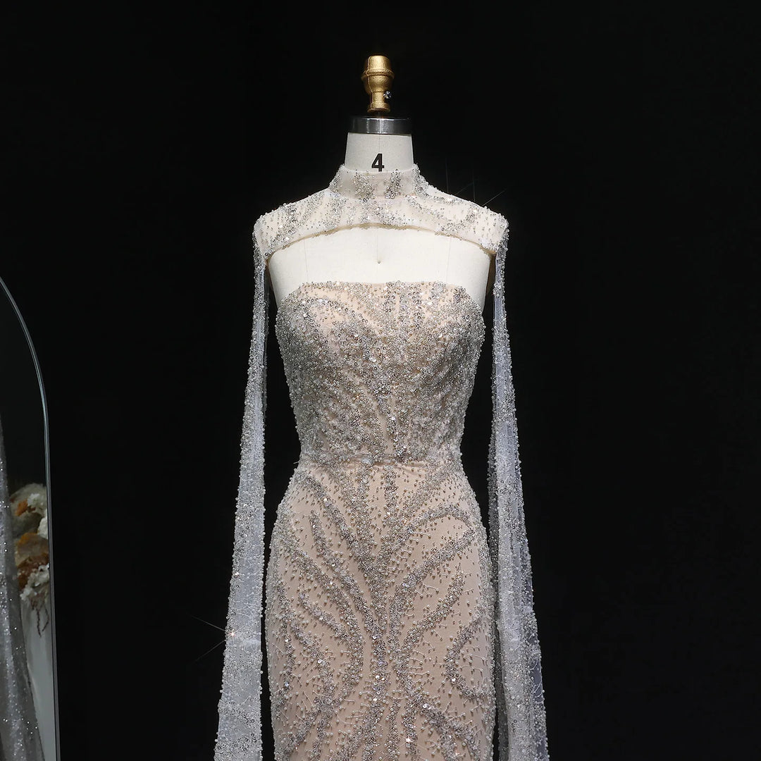 Glamorous Beaded Evening Dress with Flowing Cape Sleeves SS663