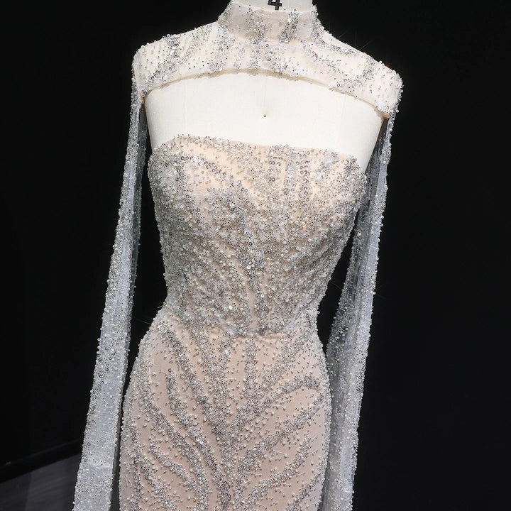 Glamorous Beaded Evening Dress with Flowing Cape Sleeves SS663