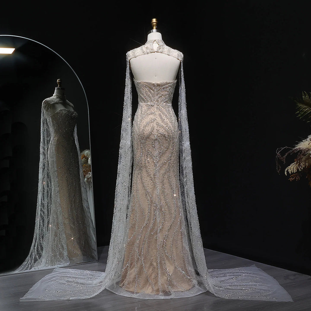 Glamorous Beaded Evening Dress with Flowing Cape Sleeves SS663