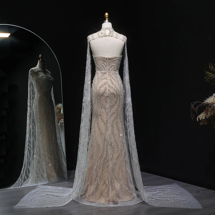 Glamorous Beaded Evening Dress with Flowing Cape Sleeves SS663