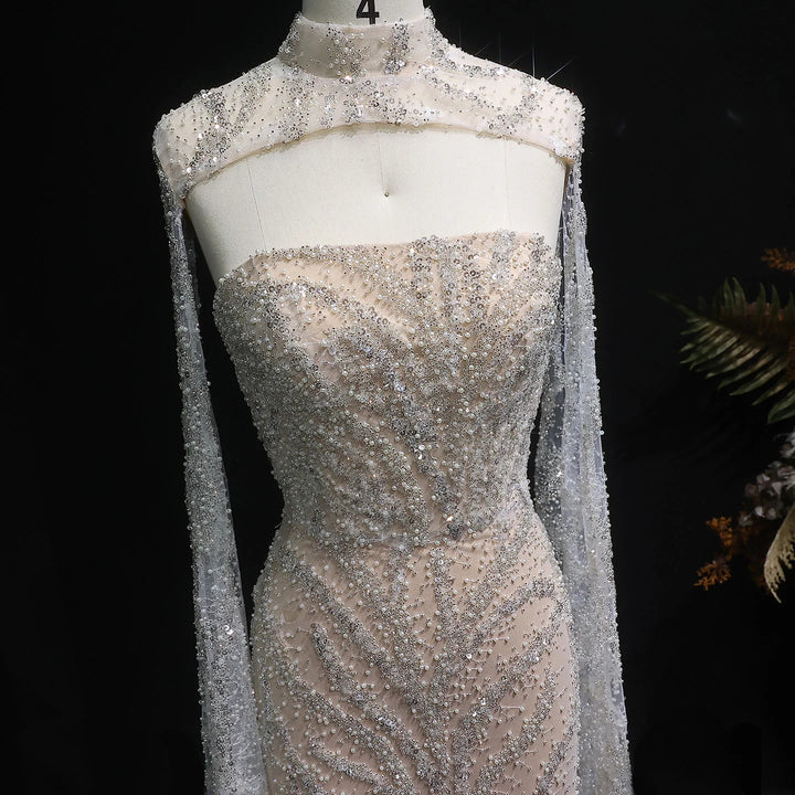 Glamorous Beaded Evening Dress with Flowing Cape Sleeves SS663