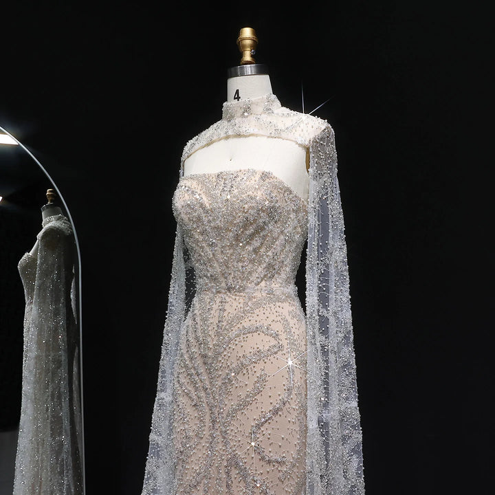 Glamorous Beaded Evening Dress with Flowing Cape Sleeves SS663