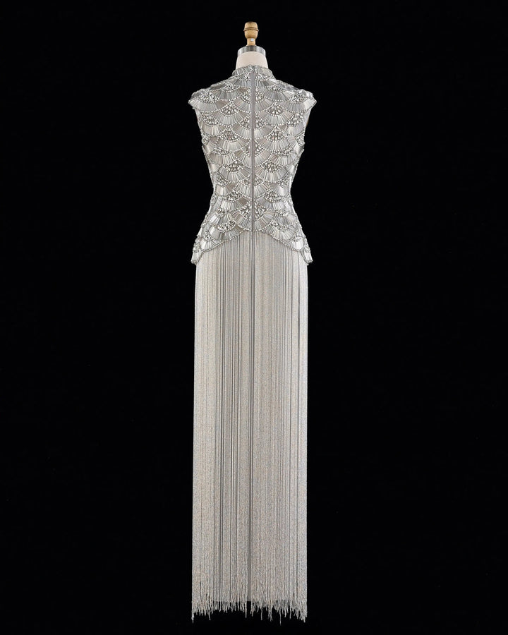 Dreamy Vow High Neck Beaded Fringe Column Evening Gown SS330