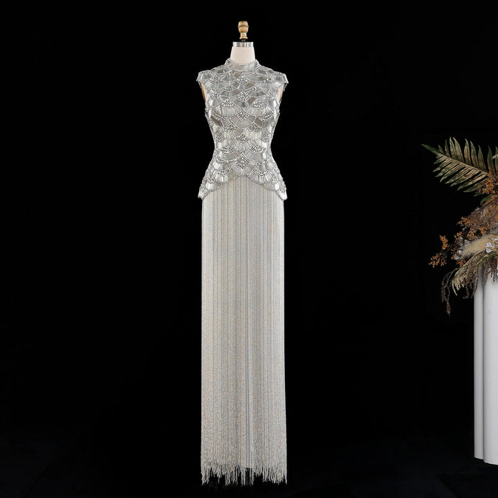 Dreamy Vow High Neck Beaded Fringe Column Evening Gown SS330