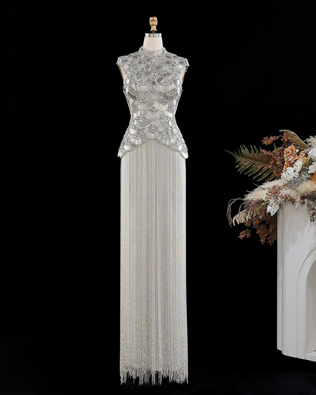 Dreamy Vow High Neck Beaded Fringe Column Evening Gown SS330