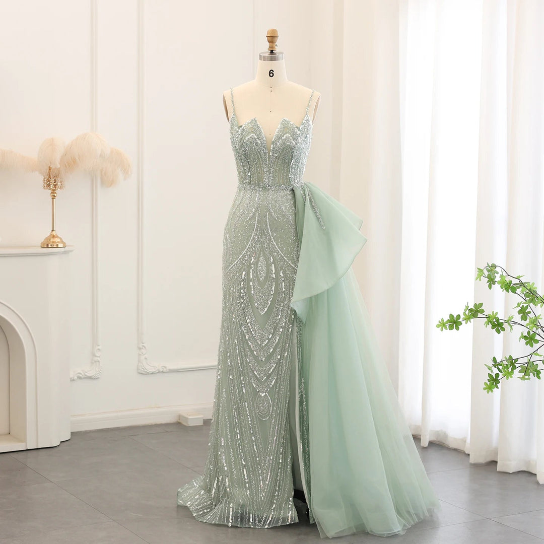 Spaghetti Straps Sage Green Mermaid Evening Dress with Overskirt SS039 Spaghetti Straps Sage Green Mermaid Evening Dress with Overskirt SS039