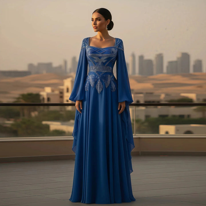 Luxury Blue Beaded Evening Dress with Flowing Cape Sleeves SS562