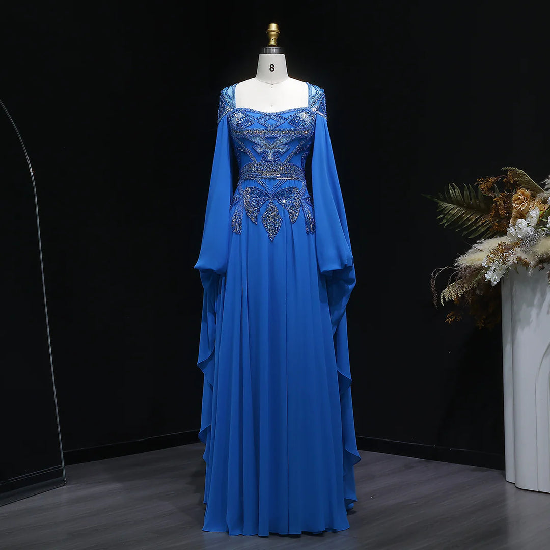 Luxury Blue Beaded Evening Dress with Flowing Cape Sleeves SS562