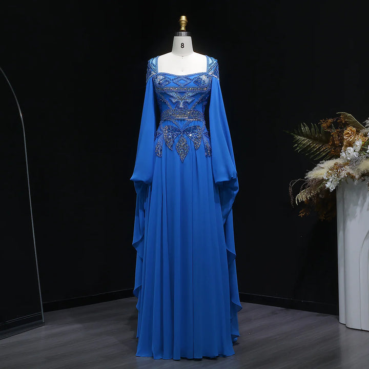 Luxury Blue Beaded Evening Dress with Flowing Cape Sleeves SS562