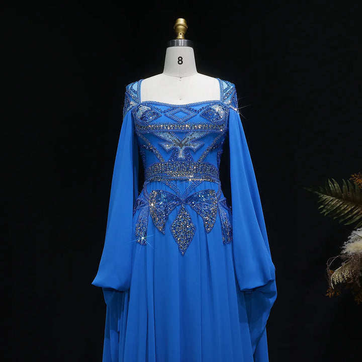 Luxury Blue Beaded Evening Dress with Flowing Cape Sleeves SS562