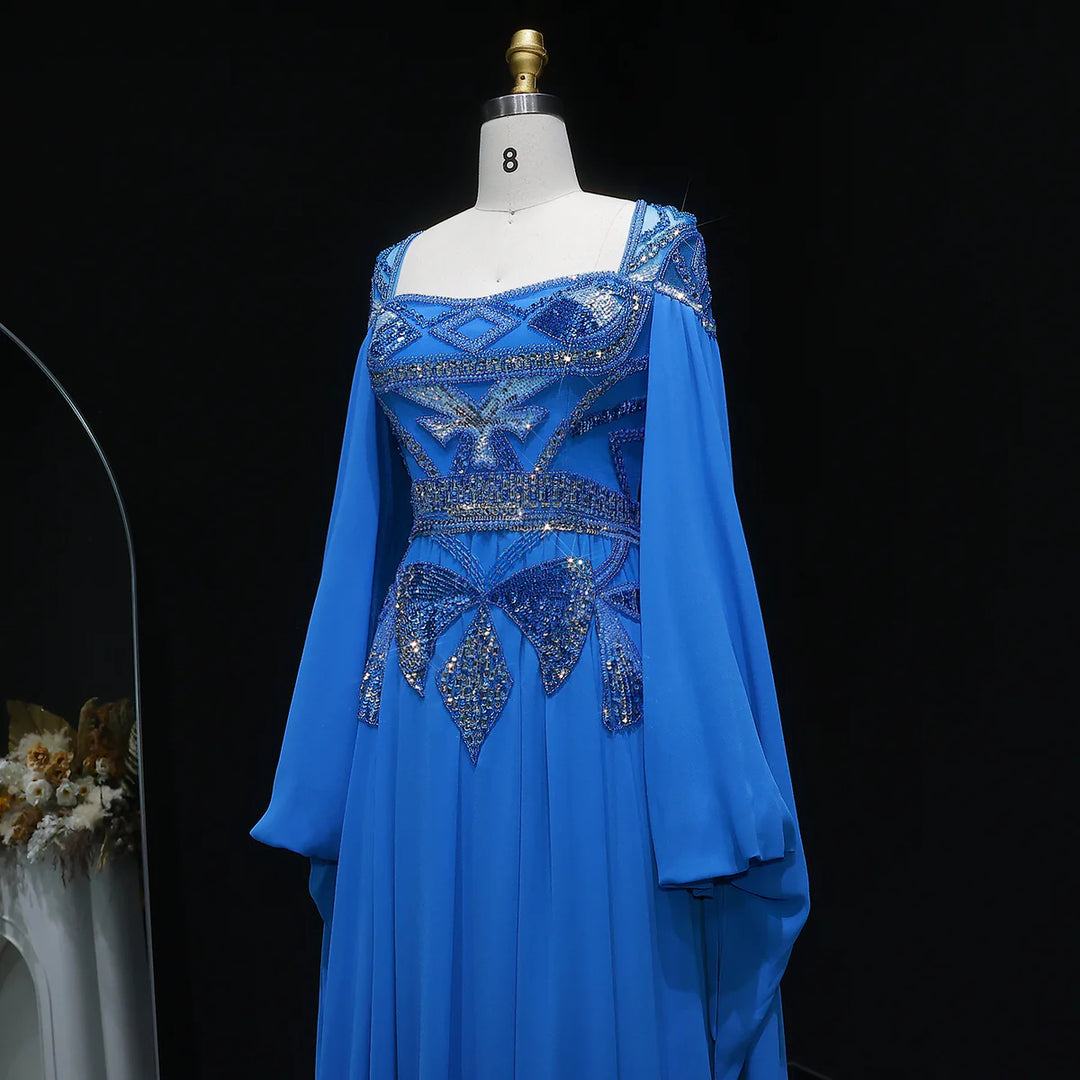 Luxury Blue Beaded Evening Dress with Flowing Cape Sleeves SS562