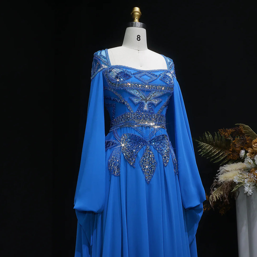 Luxury Blue Beaded Evening Dress with Flowing Cape Sleeves SS562