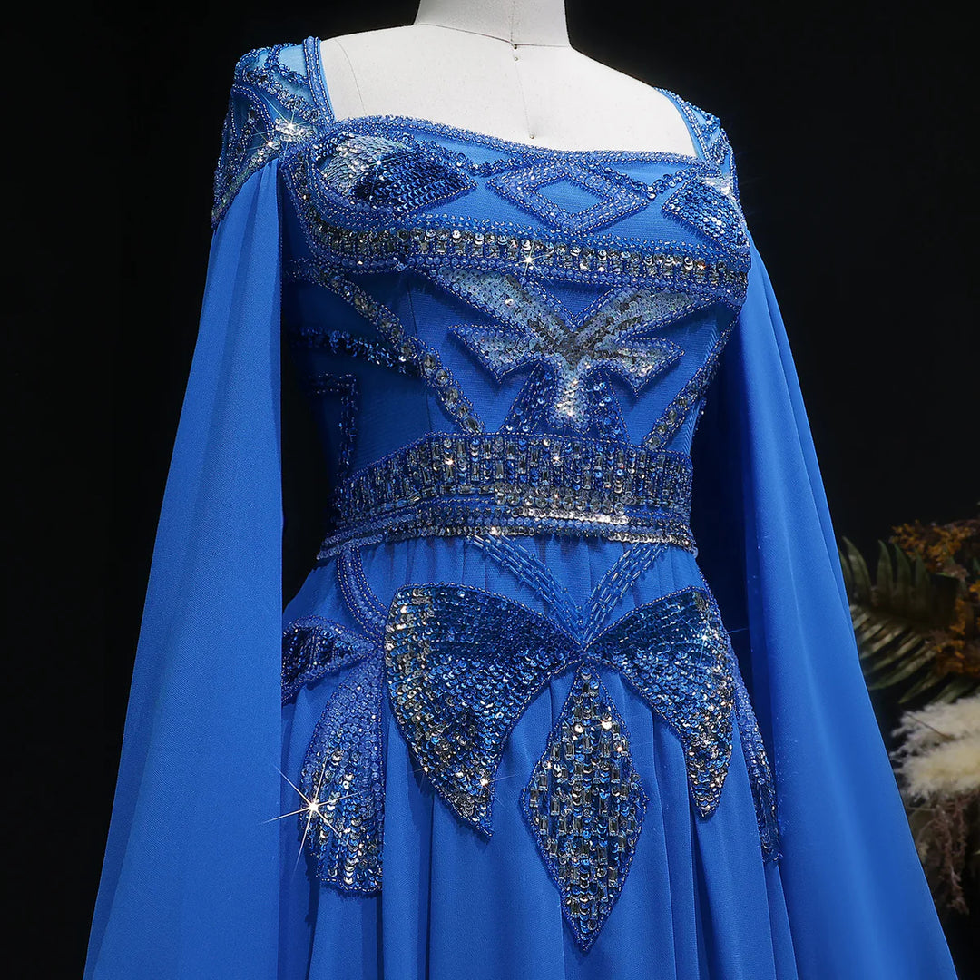 Luxury Blue Beaded Evening Dress with Flowing Cape Sleeves SS562